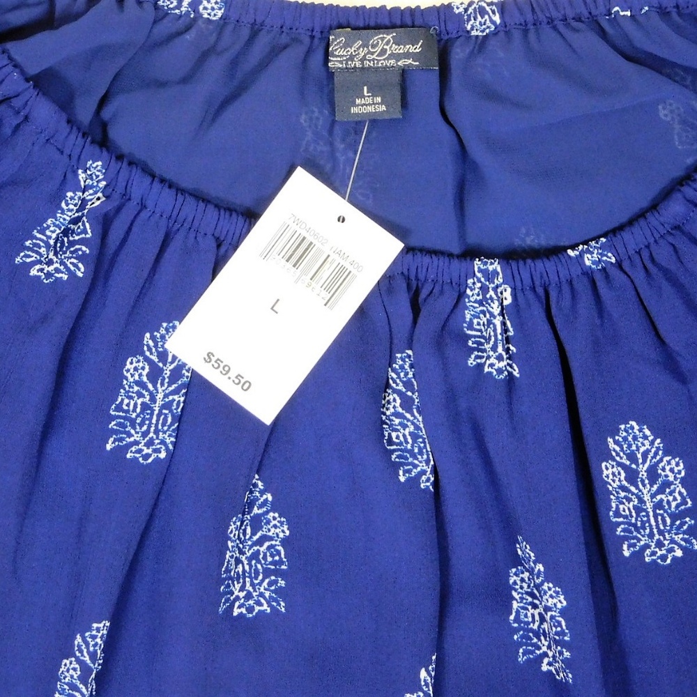 Lucky Brand Womens Off The Shoulder Boho Top Size L Navy Blue Hippie Bell Sleeve - Picture 4 of 5